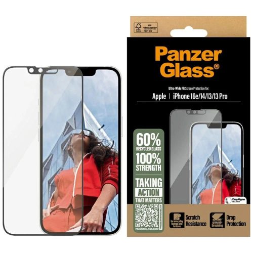 PanzerGlass Ultra-Wide Fit  edzett üvegfólia iPhone 13 / 13 Pro / 14 / 16e - Clear