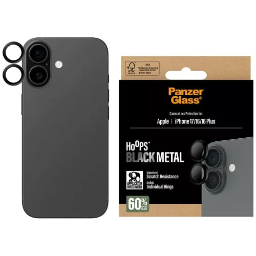 PanzerGlass Hoops Tempered Glass Lens Screen Protector iPhone 17 / 16 / 16 Plus kameravédő, fekete