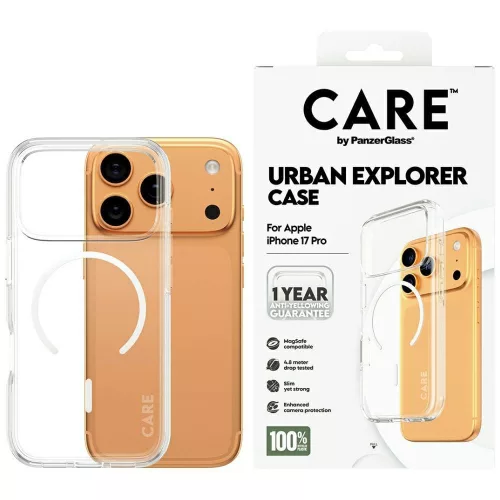 CARE by PanzerGlass Flagship Urban Explorer Case w. tok, fehér MagSafe iPhone 17 Pro tok, átlátszó