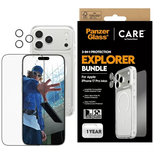 CARE by PanzerGlass Flagship Explorer 3in1 Case + Glass + Lens Protection Kit iPhone 17 Pro Max, átlátszó