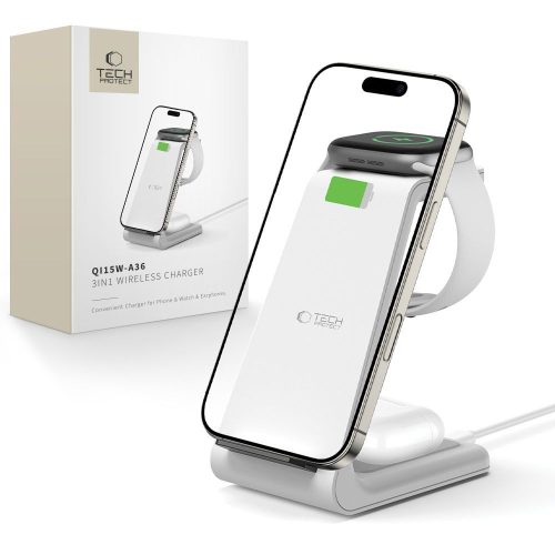TECH-PROTECT QI15W-A36 3IN1 WIRELESS CHARGER APPLE készülékekhez, fehér