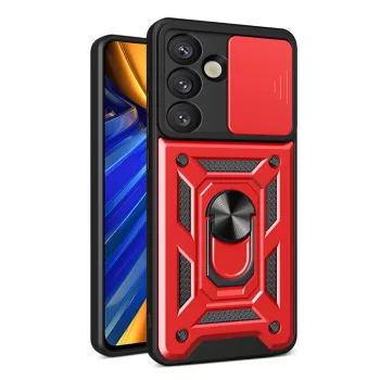   Hybrid Armor Camshield with Camera Cover and Metal Ring Samsung Galaxy S25 tok, piros