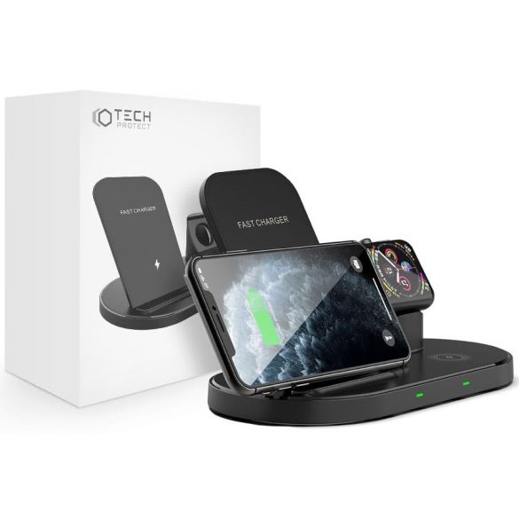 Tech-Protect W55 3in1 Qi Wireless Charger, AirPods, Apple Watch és mobiltelefon vezeték nélküli töltő, 15W, fekete