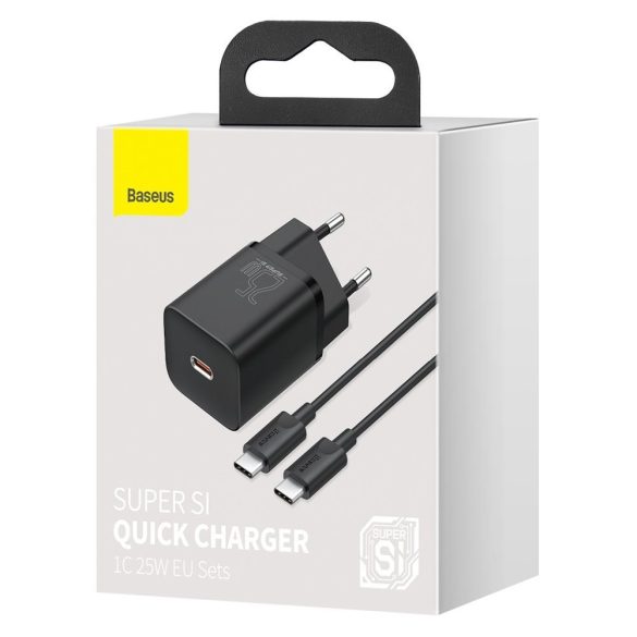 Baseus Super Si TZCCSUP-L01 USB-C hálózati töltő adapter, és USB-C/USB-C 1m kábel, gyorstöltő, 25W, PD, 3A, fekete