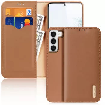   Dux Ducis Hivo Samsung Galaxy S23 Plus eredeti bőr oldalra nyíló tok RFID blokkolás, barna