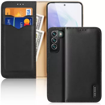  Dux Ducis Hivo Leather Flip Cover eredeti bőr oldalra nyíló tok kártyatartóval Samsung Galaxy S22 Plus, fekete