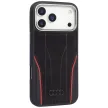 Audi R8 Genuine Leather MagSafe Case iPhone 17 Pro tok, fekete-piros