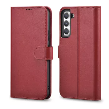   iCarer Haitang bőr oldalra nyíló tok Bőr tok Samsung Galaxy S22 Plus oldalra nyíló tok ház tok, piros