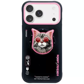   Nimmy Glasses Cool Cat MagSafe iPhone 17 Pro tok, fekete-rózsaszín