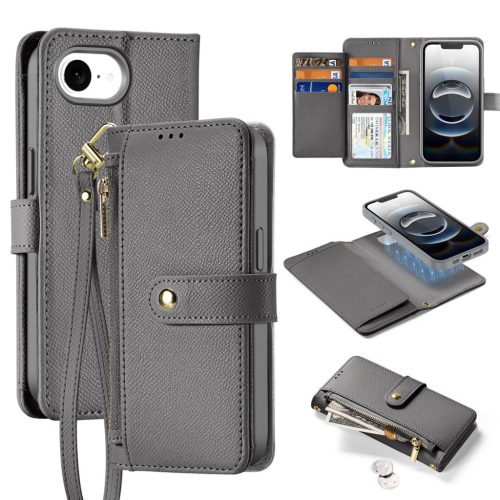Dux Ducis Lawa iPhone 16e Leather Case Detachable Magnetic Wallet tok, szürke