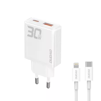   GaN Dudao A30EUL 30W USB-A / USB-C Wall Charger + USB-C - Lightning kábel, fehér