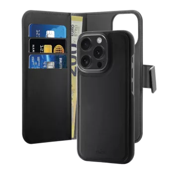   Puro Wallet Detachable MagSafe 2in1 PU Leather Case with Flap and Wallet iPhone 16 Pro Max - tok, fekete