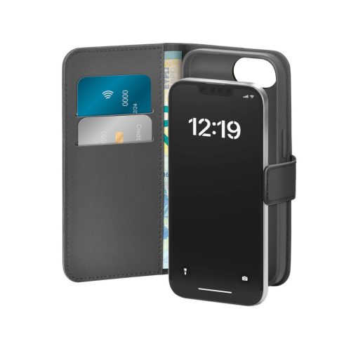 Puro Eco-Leather Case iPhone 16E W/horiz.flip+2 Card Slot+Banknote Pocket+Cover tok, fekete