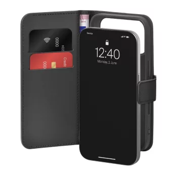   Puro Wallet Stand Case iPhone 17 Pro Made of Eco-Leather, Flap, Wallet, and Stand Function tok, fekete