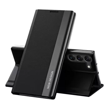   New Sleep case oldalra nyíló tok Samsung Galaxy S23 Plus flip standdal, fekete