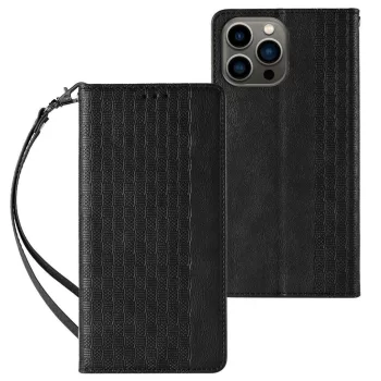   Magnet Strap oldalra nyíló tok Samsung Galaxy S23 Flip Wallet Mini Lanyard Stand, fekete
