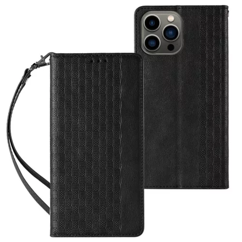 Magnet Strap oldalra nyíló tok Samsung Galaxy S23 Ultra Flip Wallet Mini Lanyard Stand, fekete