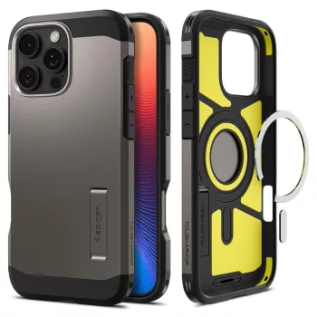   Spigen Tough Armor MagSafe iPhone 16 Pro Max ütésálló kemény hátlap, tok, gunmetal, sötétszürke