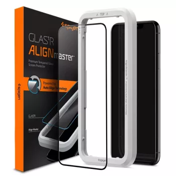   Spigen Alm Glass FC iPhone 11 edzett üvegfóliakeret, fekete, rögzítőkerettel