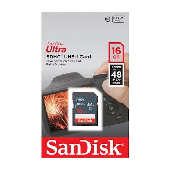 SanDisk Ultra SDHC, 16GB, class 10, UHS-I, 48 MB/s, memóriakártya