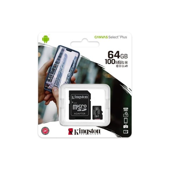 Kingston Canvas Select Plus micro SDHC, 64GB, class 10, UHS-I, 100 MB/s, memóriakártya adapterrel