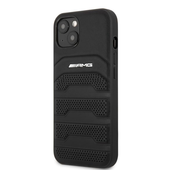 AMG iPhone 13 Leather Debossed Lines eredeti bőr (AMHCP13MGSEBK) hátlap, tok, fekete