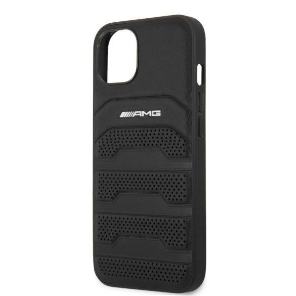 AMG iPhone 13 Leather Debossed Lines eredeti bőr (AMHCP13MGSEBK) hátlap, tok, fekete