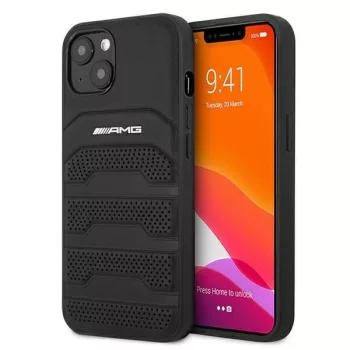   AMG AMHCP13SGSEBK iPhone 13 mini 5,4", hátlap, tok, bőr dombornyomásos vonalakkal, fekete