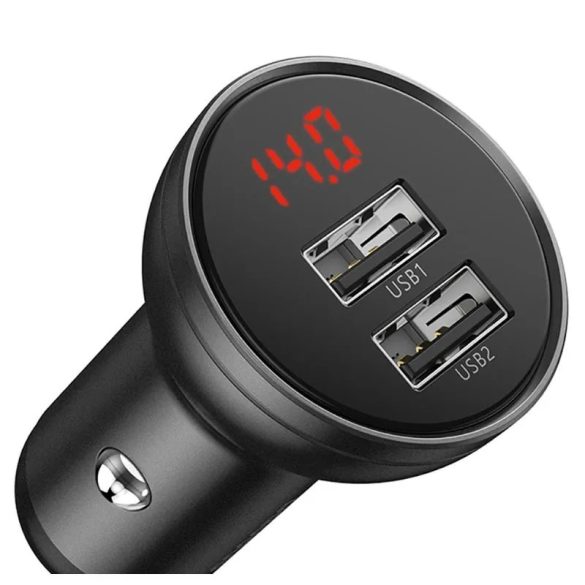 Baseus CCBX-0G Car Charger with Digital Display univerzális autós szivargyújtó töltő, 2xUSB-A, 2.4A, 24W, fekete