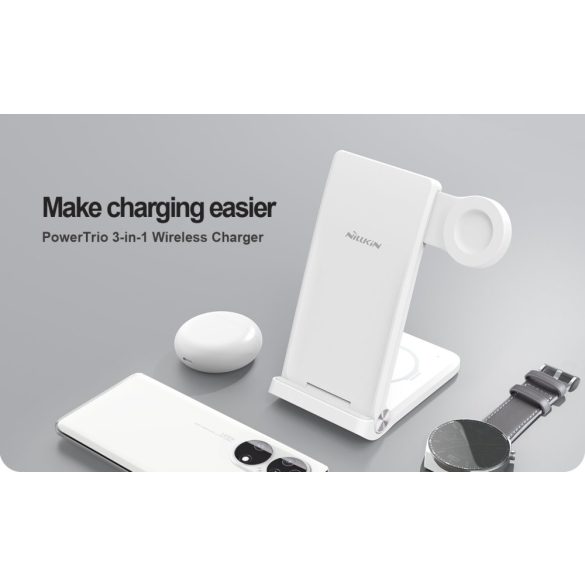 Nillkin PowerTrio 3in1 Wireless Qi Charger, smartphone, Huawei watch, earphone asztali vezeték nélküli töltő, 15W max, fehér