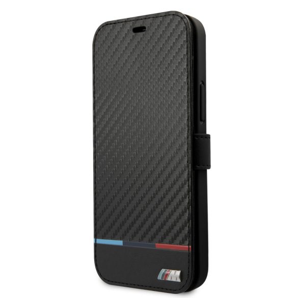 BMW iPhone 13 Pro M Collection Carbon Stripe (BMBKP13LPUCARTCBK) oldalra nyíló tok, fekete