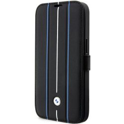   BMW iPhone 14 Pro Max bookcase Leather Stamp Blue Lines (BMBKP14X22RVSK) eredeti bőr oldalra nyíló tok, fekete