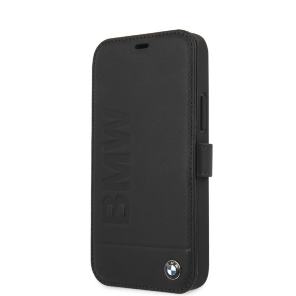 BMW iPhone 12 Mini 5,4" Signature (BMFLBKP12SSLLBK) eredeti bőr oldalra nyíló tok, fekete