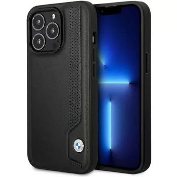   BMW iPhone 14 Pro Hardcase Leather Blue Dots (BMHCP14L22RBDK) eredeti bőr hátlap, tok, fekete