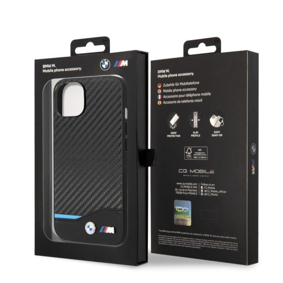BMW iPhone 14 Leather Carbon (BMHCP14S22NBCK) hátlap, tok, fekete