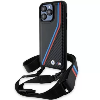   BMW BMHCP15L23PSVTK iPhone 15 Pro 6.1", M Edition Carbon Tricolor Lines & Strap M Edition hátlap, tok, fekete