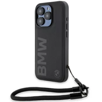   BMW BMHCP15L23RMRLK iPhone 15 Pro 6.1", Signature Leather Wordmark hátlap, tok zsinórral, fekete