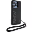 BMW BMHCP15L23RMRLK iPhone 15 Pro 6.1", Signature Leather Wordmark hátlap, tok zsinórral, fekete
