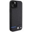 BMW Leather Carbon hátlap, bőr tok iPhone 15 Plus, fekete