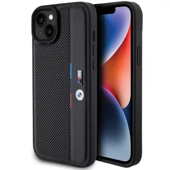   BMW BMHCP15M23PUPVK iPhone 14 Plus/15 Plus 6.7", Perforated Tricolour Stripe hátlap, tok, fekete