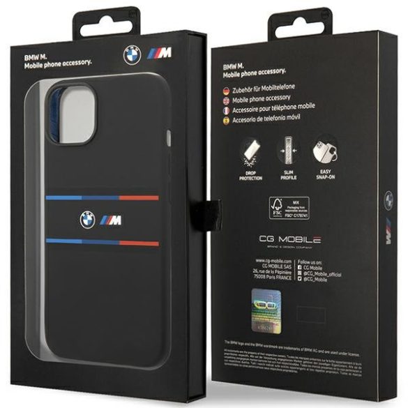 BMW iPhone 13/14/15 M Silicone Tricolor Lines (BMHCP15S22SDTK) hátlap, tok, fekete