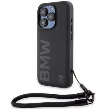   BMW BMHCP15X23RMRLK iPhone 15 Pro Max 6.7", Hard Case Signature Leather Wordmark zsinórral, fekete