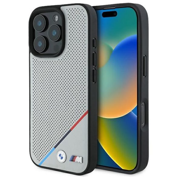 BMW iPhone 16 Pro M Perforated Tricolor Line(BMHMP16L23PUPDG) Magsafe kompatibilis hátlap, tok, szürke