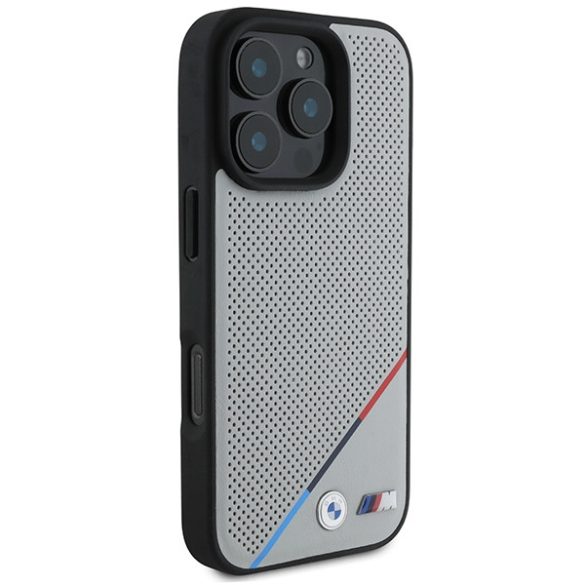 BMW iPhone 16 Pro M Perforated Tricolor Line(BMHMP16L23PUPDG) Magsafe kompatibilis hátlap, tok, szürke