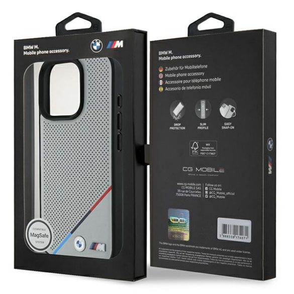 BMW iPhone 16 Pro M Perforated Tricolor Line(BMHMP16L23PUPDG) Magsafe kompatibilis hátlap, tok, szürke