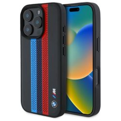   BMW iPhone 16 Pro M Perforated Tricolor Printed Stripes (BMHMP16L23PUPTK) Magsafe kompatibilis hátlap, tok, fekete