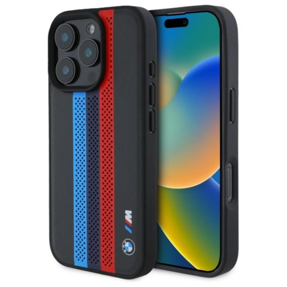 BMW iPhone 16 Pro M Perforated Tricolor Printed Stripes (BMHMP16L23PUPTK) Magsafe kompatibilis hátlap, tok, fekete