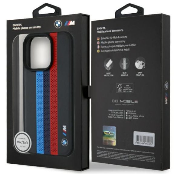 BMW iPhone 16 Pro M Perforated Tricolor Printed Stripes (BMHMP16L23PUPTK) Magsafe kompatibilis hátlap, tok, fekete