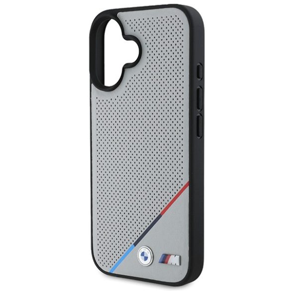 BMW iPhone 16 M Perforated Tricolor Line MagSafe (BMHMP16S23PUPDG) Magsafe kompatibilis hátlap, tok, szürke