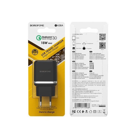 Borofone Travel Charger hálózati töltő adapter, gyorstöltő, QC3.0 USB, fekete